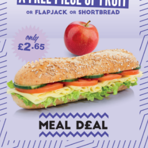 Cold sub roll & a free piece of fruit or flapjack or shortbread